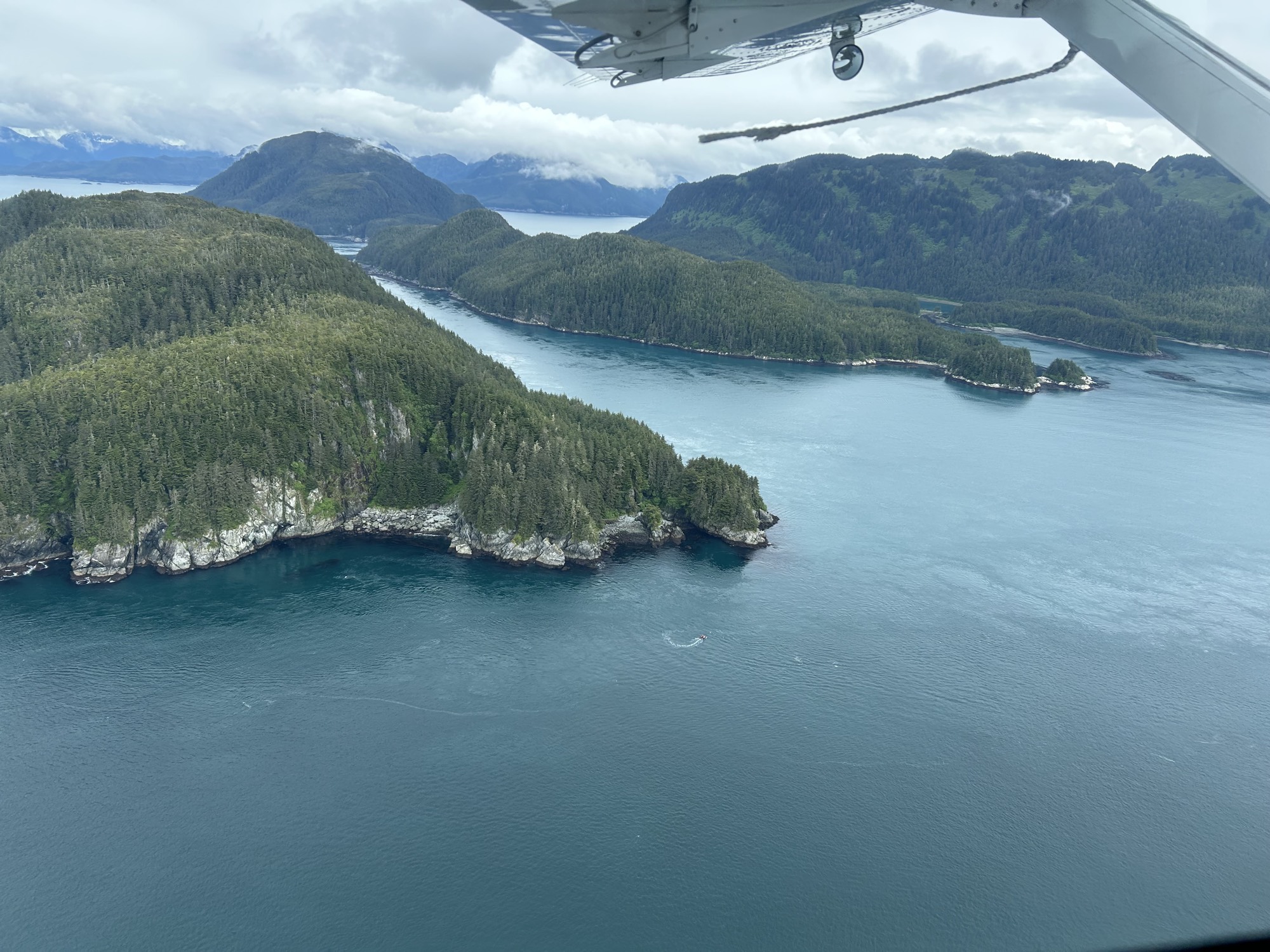 Aerial view of forested islands and channels in Southcentral Alaska