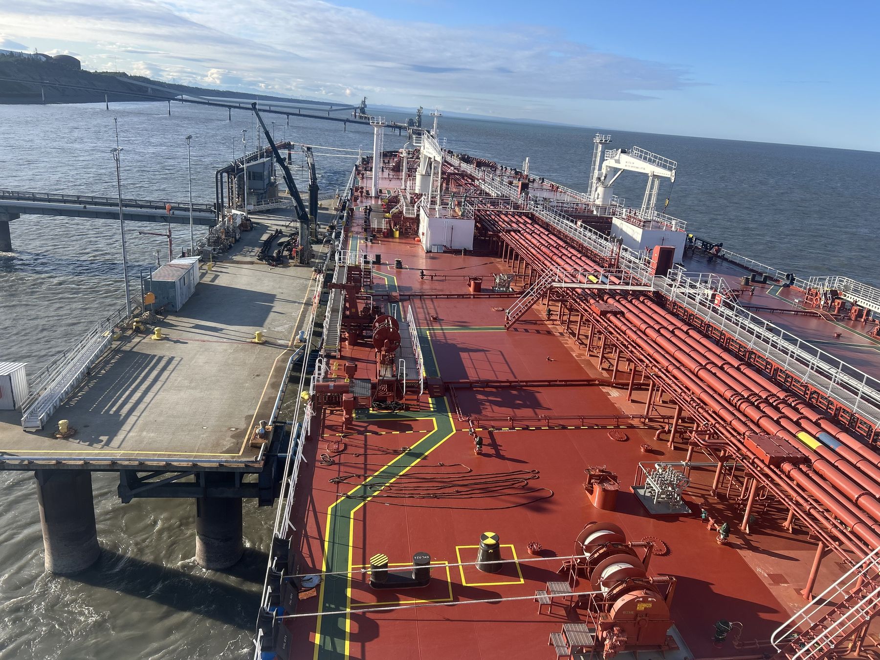 Looking down on a tanker's deck at the Nikiski dock