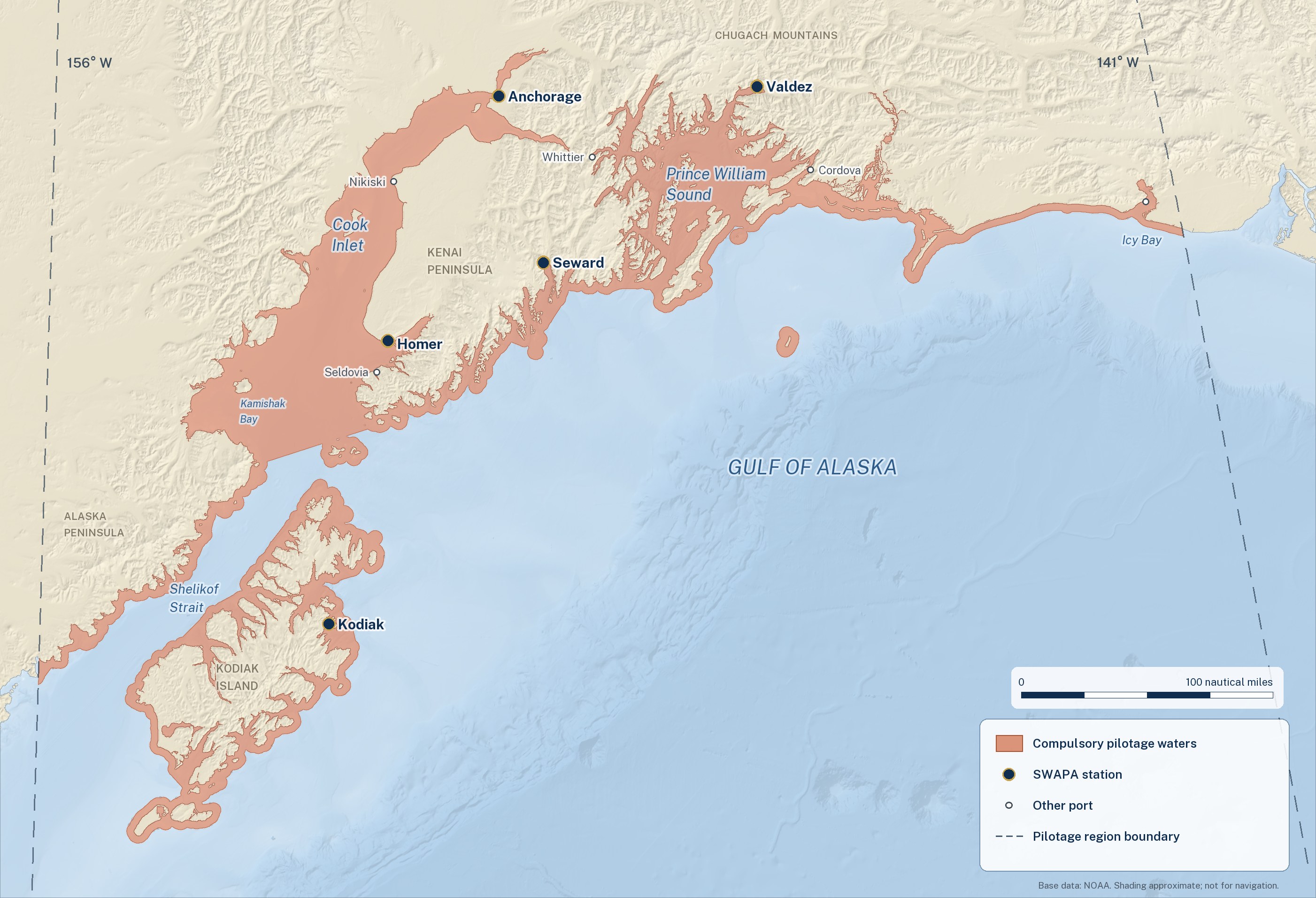 Map of SWAPA's compulsory pilotage waters in Southcentral Alaska, from Cook Inlet and Prince William Sound east to Icy Bay and south to the Kodiak Archipelago, with the stations at Anchorage, Homer, Seward, Valdez and Kodiak