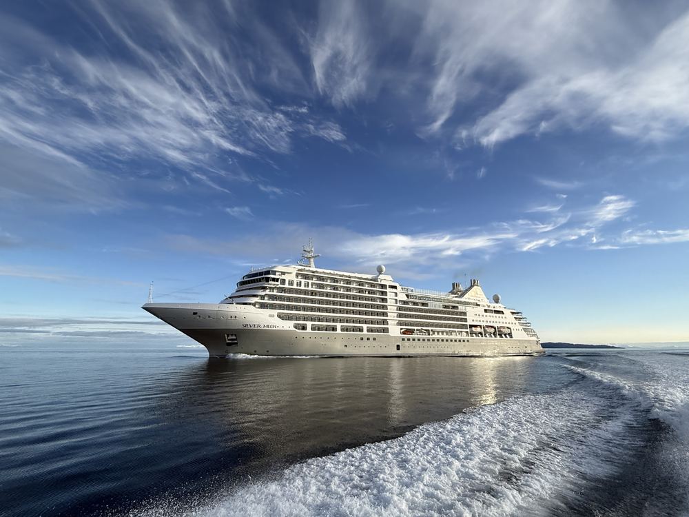 A cruise ship seen from the pilot boat's wake in Prince William Sound