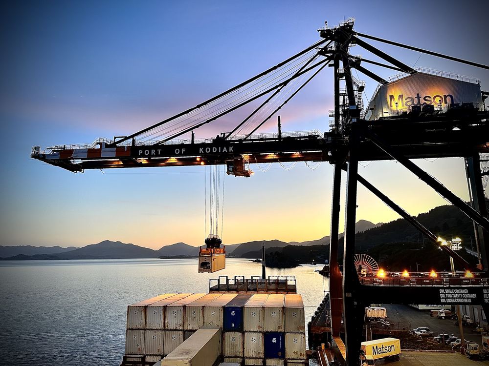 A container crane at the Port of Kodiak at sunset