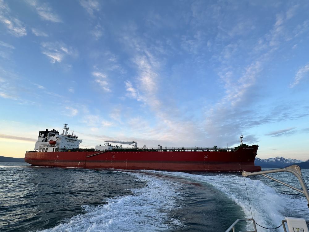 A tanker seen from the pilot boat's wake off Homer