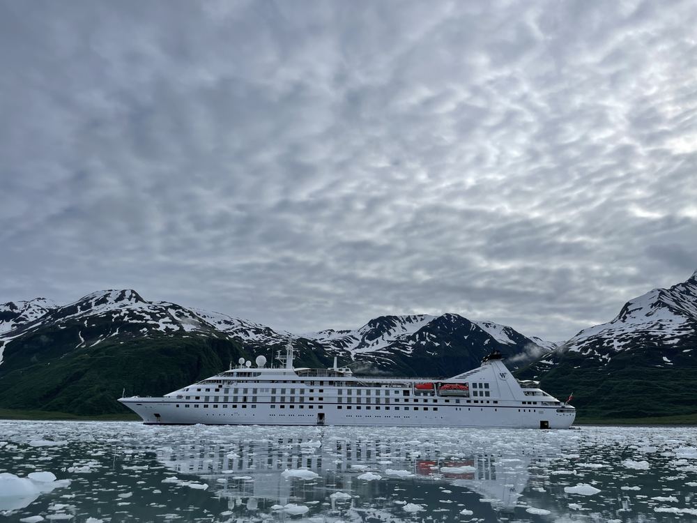 A cruise ship among the ice in the Kenai Fjords