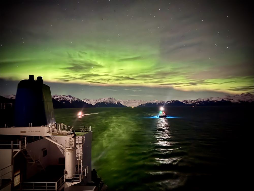 Northern lights over Prince William Sound from a tanker's bridge wing