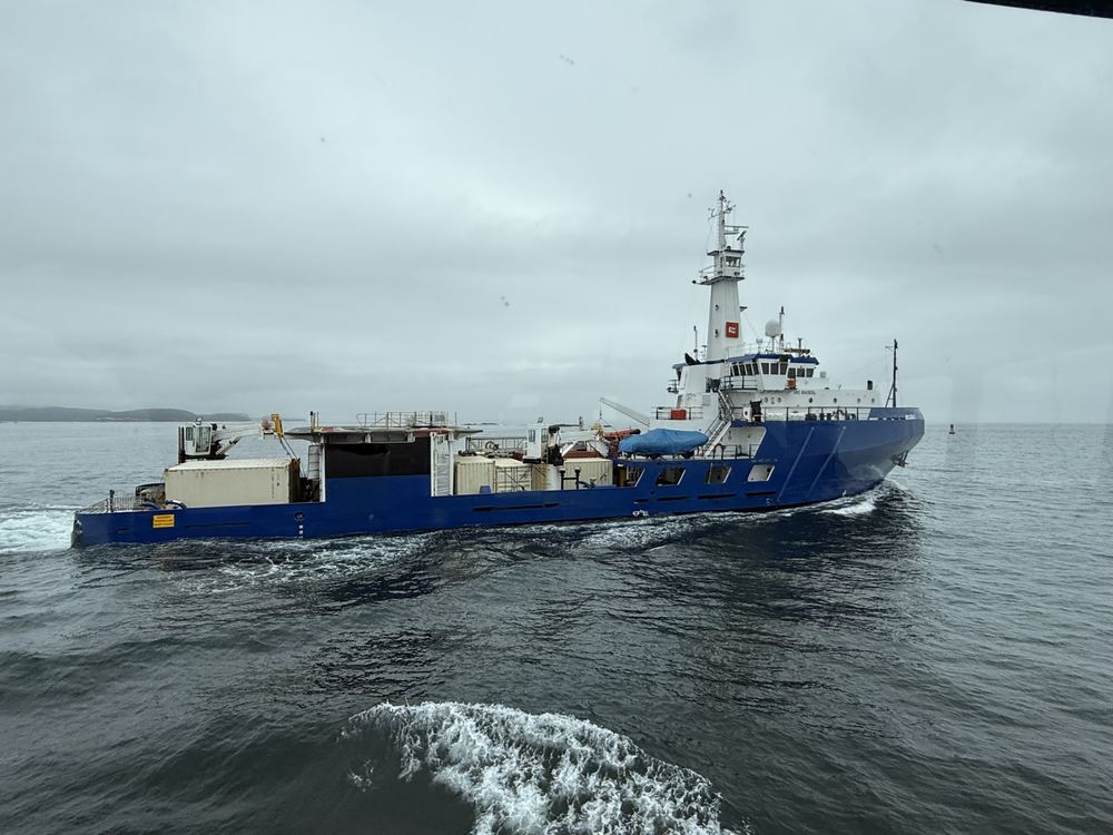 A ship under way off Kodiak, seen from the pilot boat